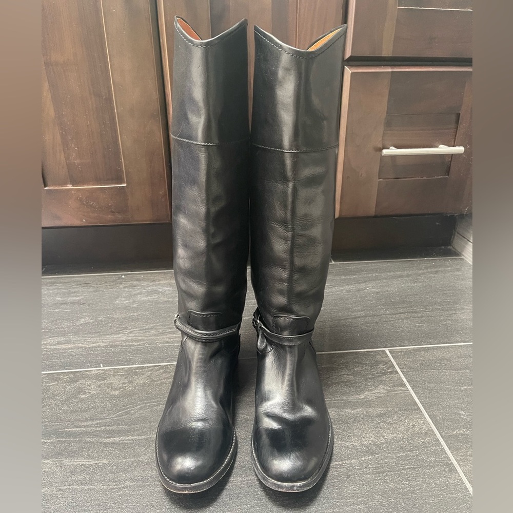 FRYE Women Melissa Belted Knee High Tall Riding Black Leather Boots US 7 campus